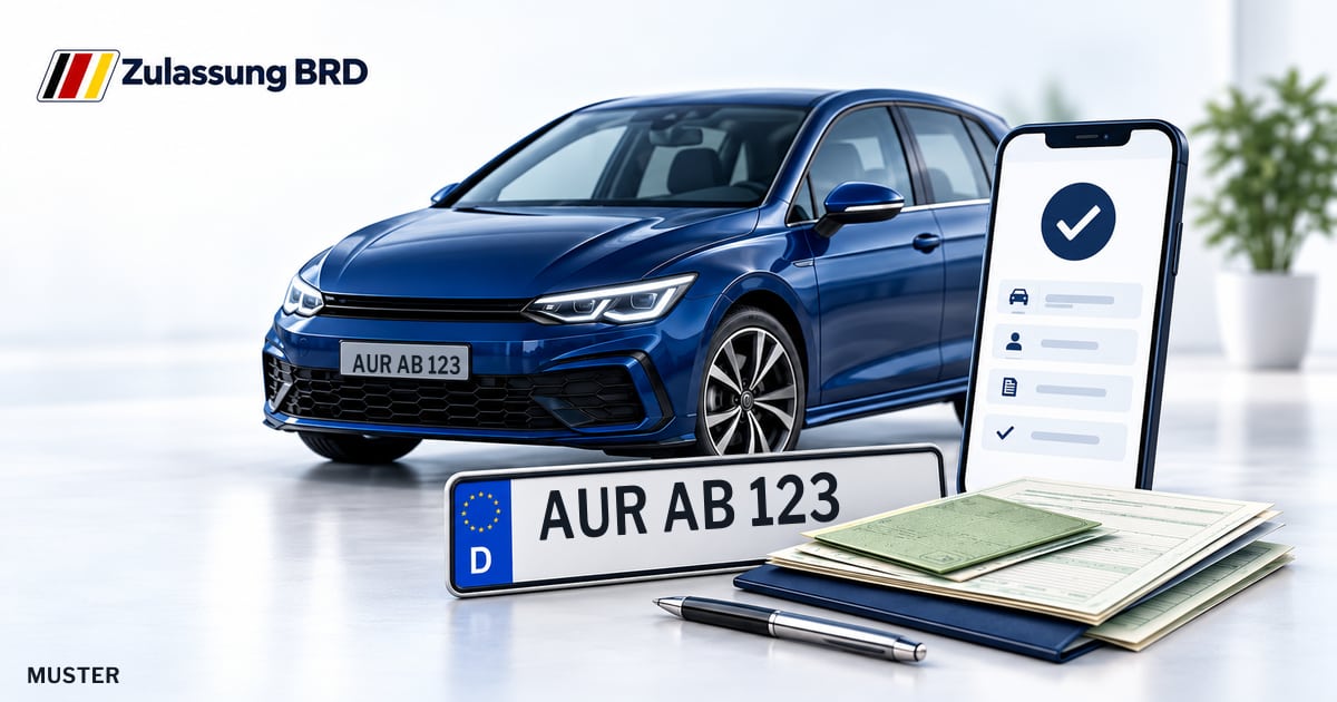 Online Fahrzeugzulassung in Aurich: Musterkennzeichen AUR AB 123, Auto und Fahrzeugpapiere und Smartphone. Illustration mit Logo von Zulassung BRD.
